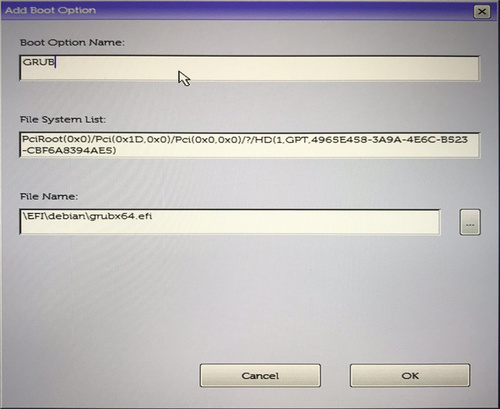 Boot entry add dialog